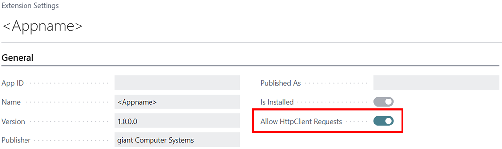 Allow HttpClient Requests toggle in Dynamics 365 Business Central extension settings