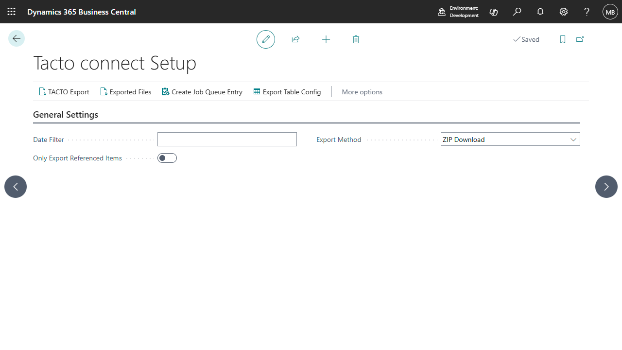 Tacto connect Setup page with Date Filter, Only Export Referenced Items, and Export Method