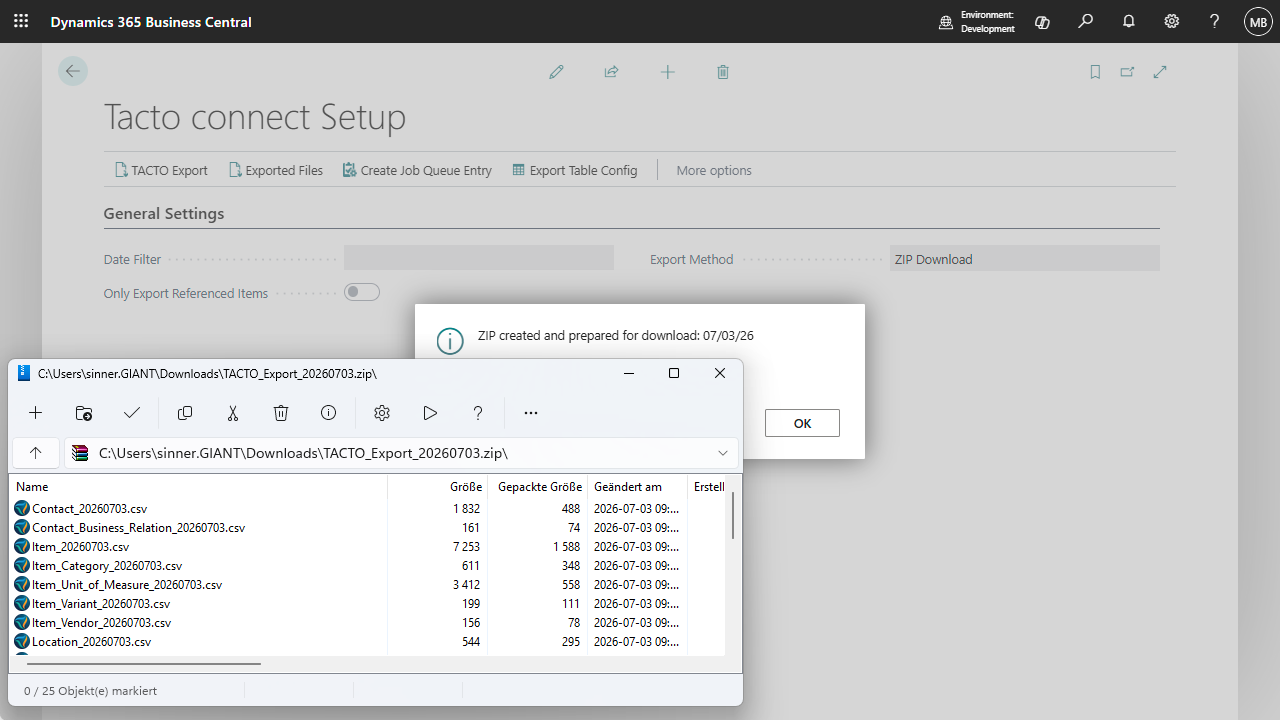 Export confirmation message and the resulting ZIP archive with CSV files