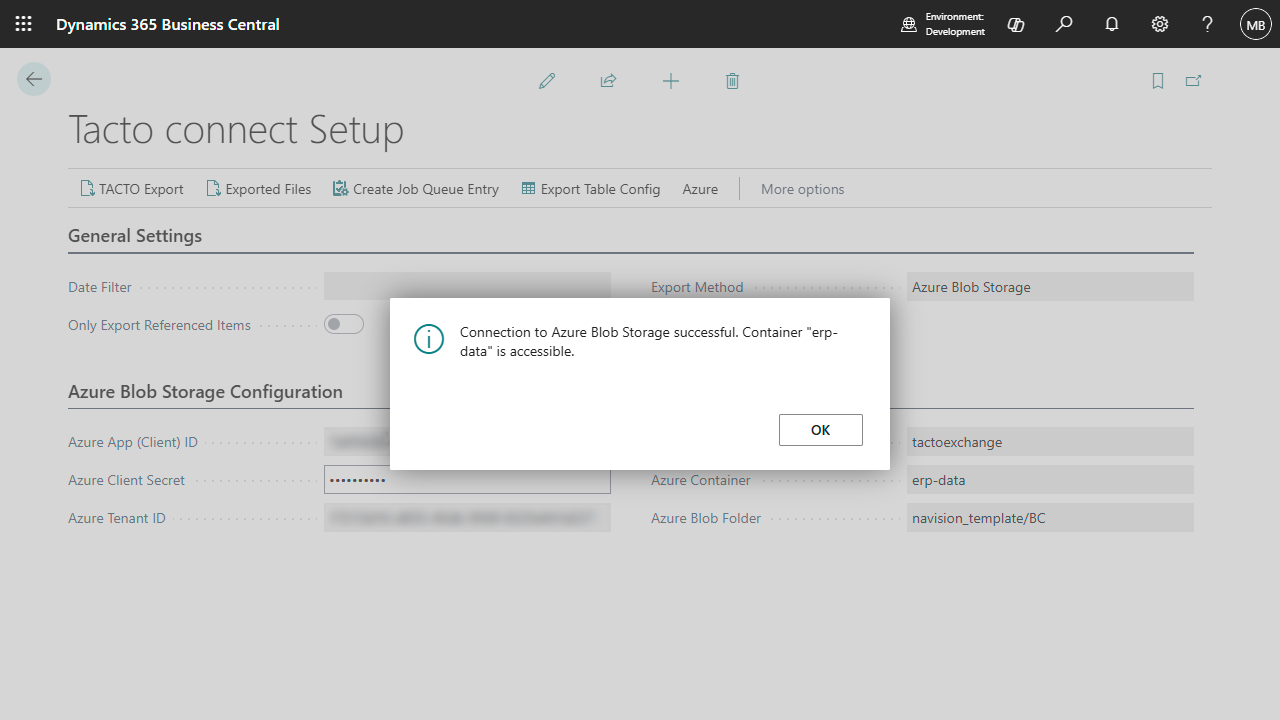 Azure Blob Storage Configuration fields with secret masked, and a successful Azure Connection Test message